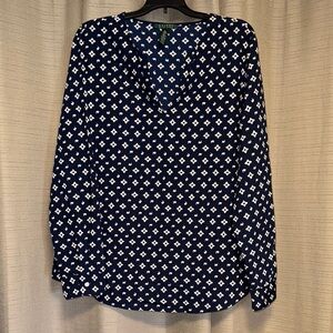 Blue and White Relaxed Blouse with Long Sleeves